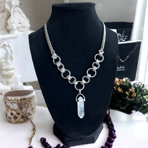 Handmade maille stainless steel cuban chain necklace + crystal quartz bullet - Picture 1 of 12